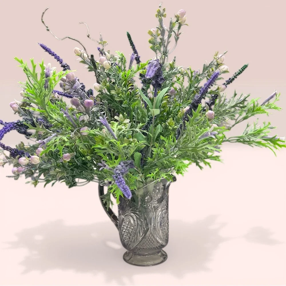 Elegant Lavender and Green Artificial Floral Arrangement crystal Pitcher